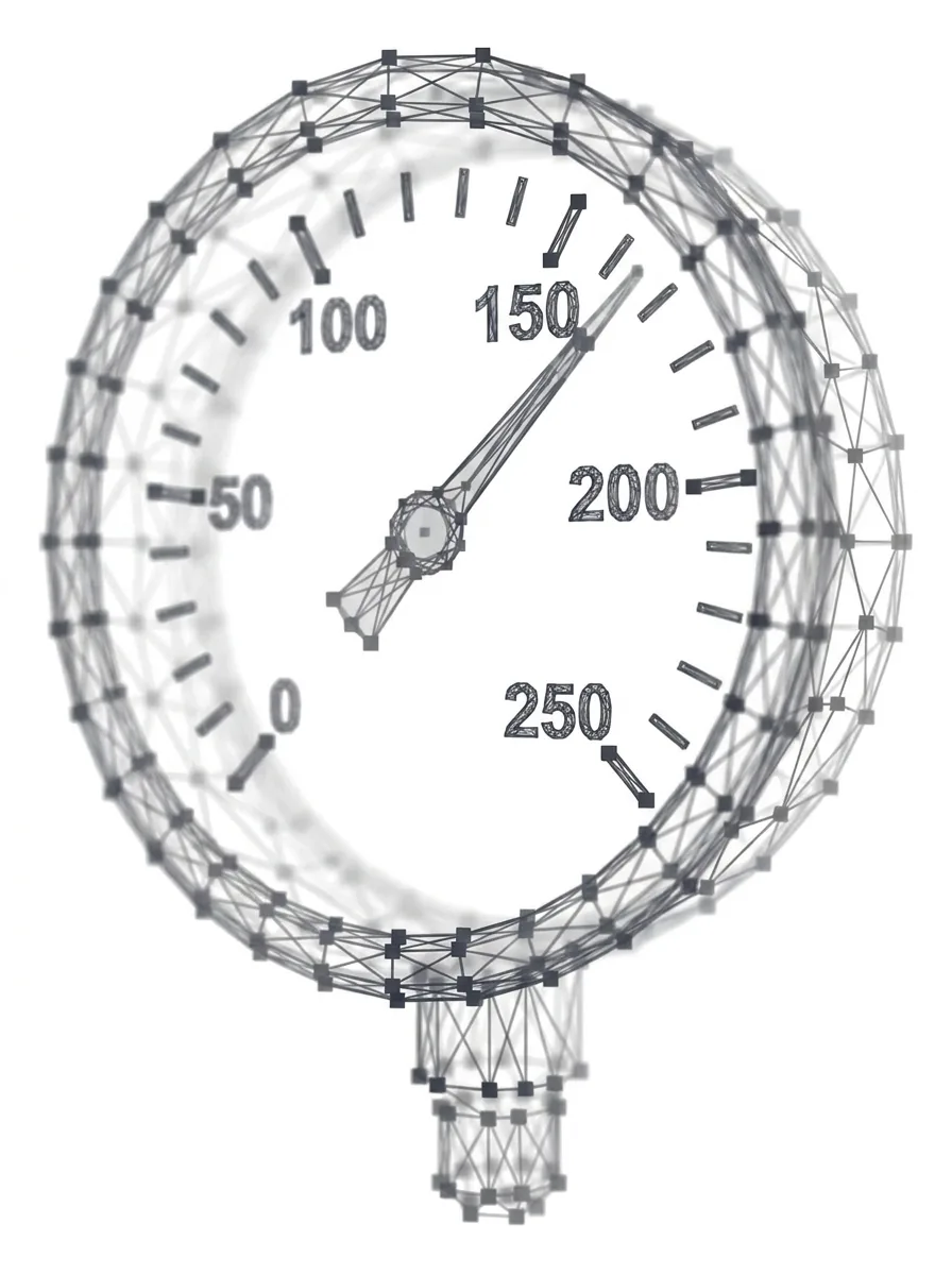 Rundes Manometer mit Skala und Zeiger, komplett auf weißem Grund – Polygon-Netz-Grafik