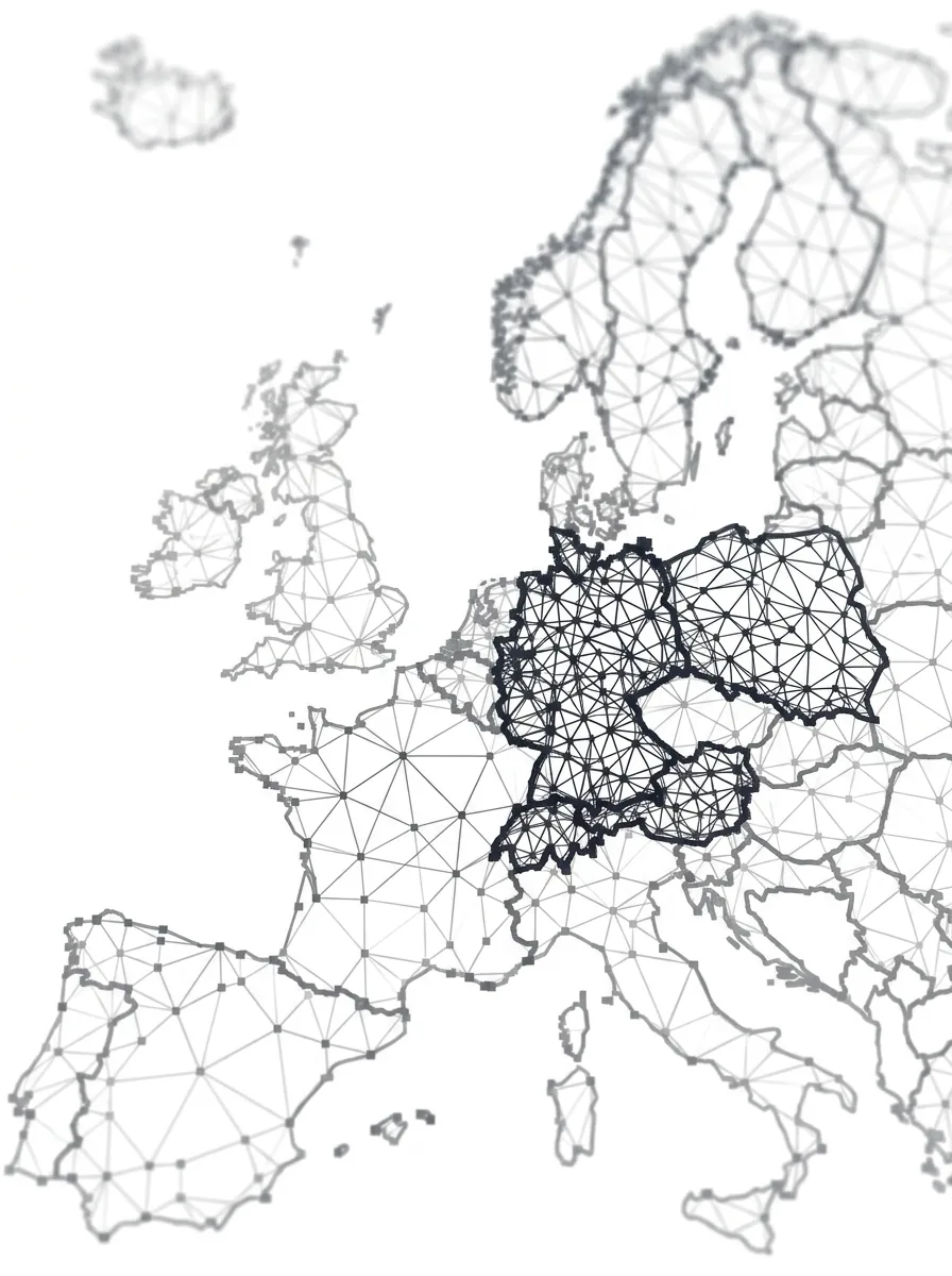 Europakarte mit hervorgehobenen Grenzen von D, A, CH und PL – Polygon-Netz-Grafik