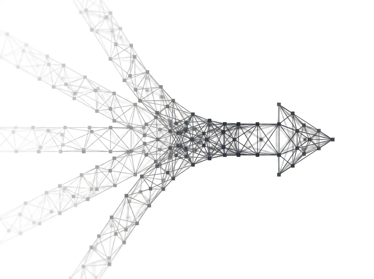 Fünf helle Pfeile laufen zu einem dunklen Pfeil nach rechts zusammen – Polygon-Netz-Grafik