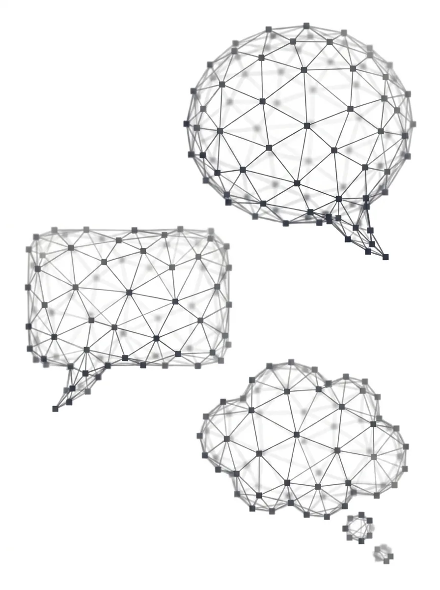 Drei Sprechblasen über die Fläche verteilt – oben, Mitte, unten – Polygon-Netz-Grafik