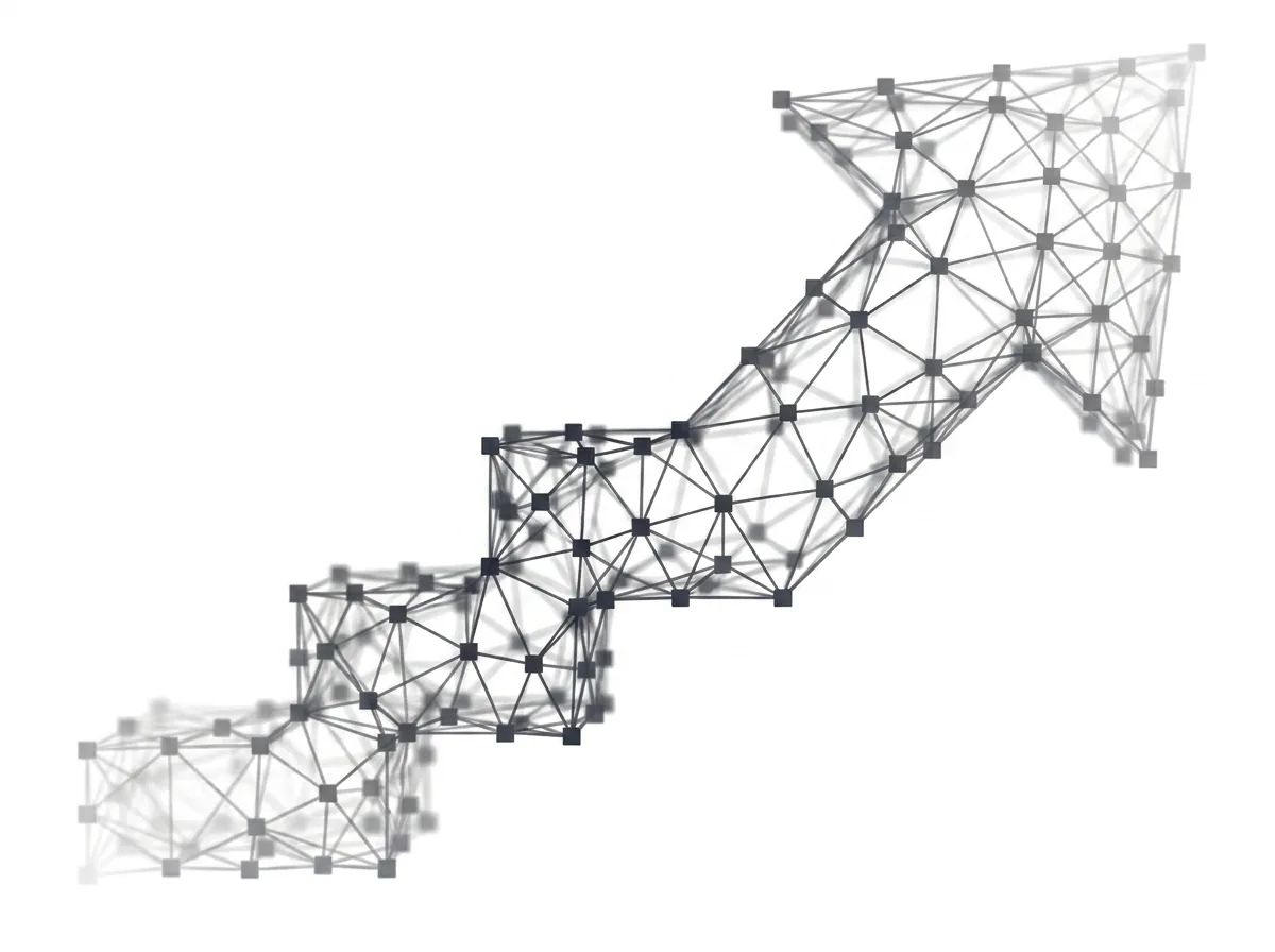 Pfeil, der in Stufen nach rechts oben ansteigt – Polygon-Netz-Grafik auf Weiß
