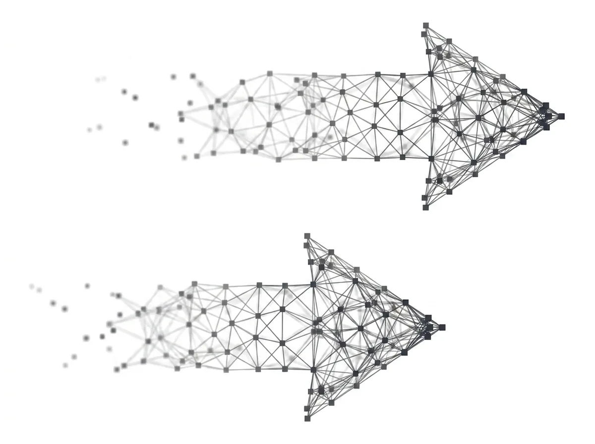 Zwei parallele Pfeile nach rechts, leicht versetzt – Polygon-Netz-Grafik auf Weiß