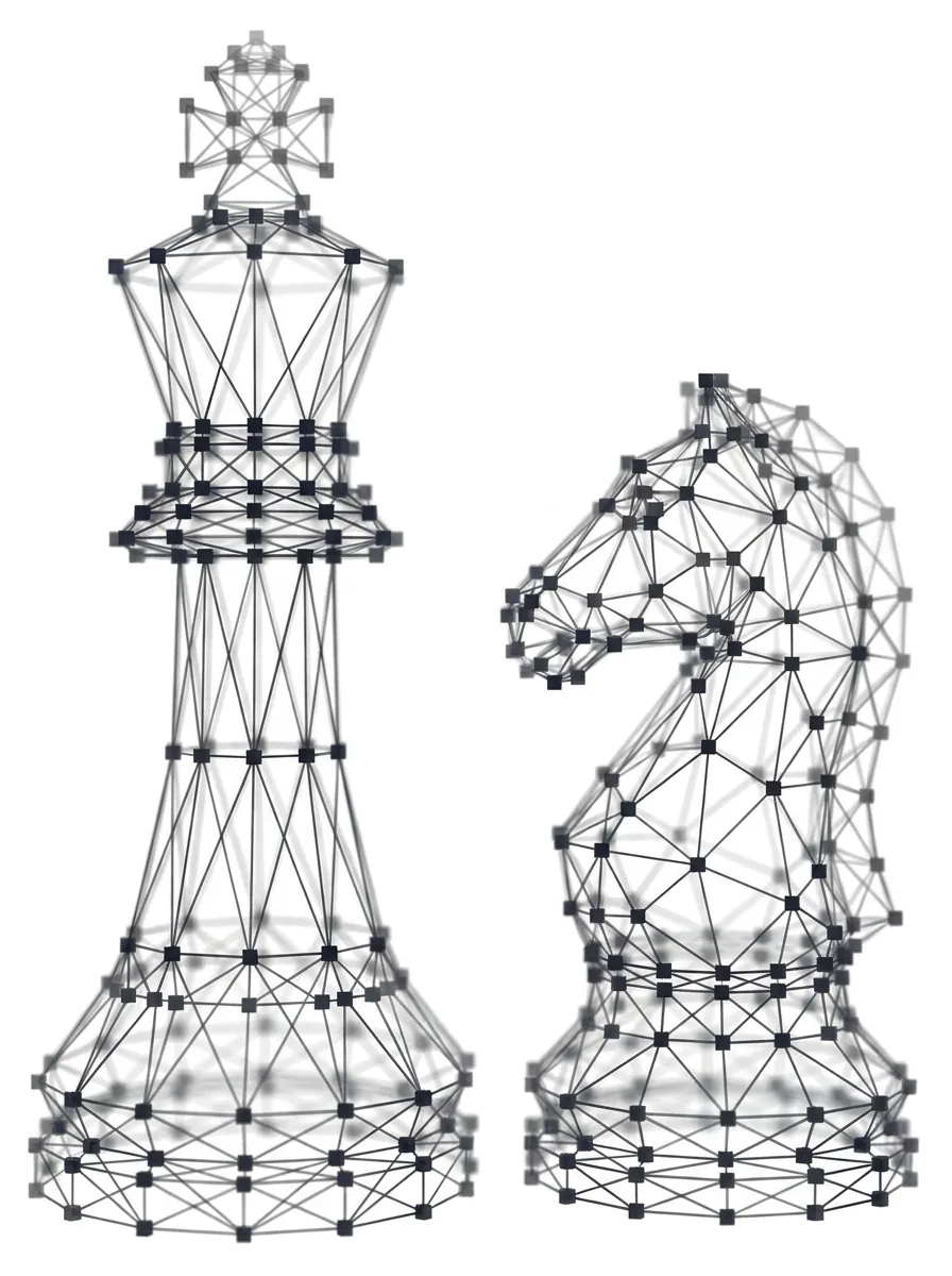 König und Springer als Schachfiguren nebeneinander – Polygon-Netz-Grafik auf Weiß