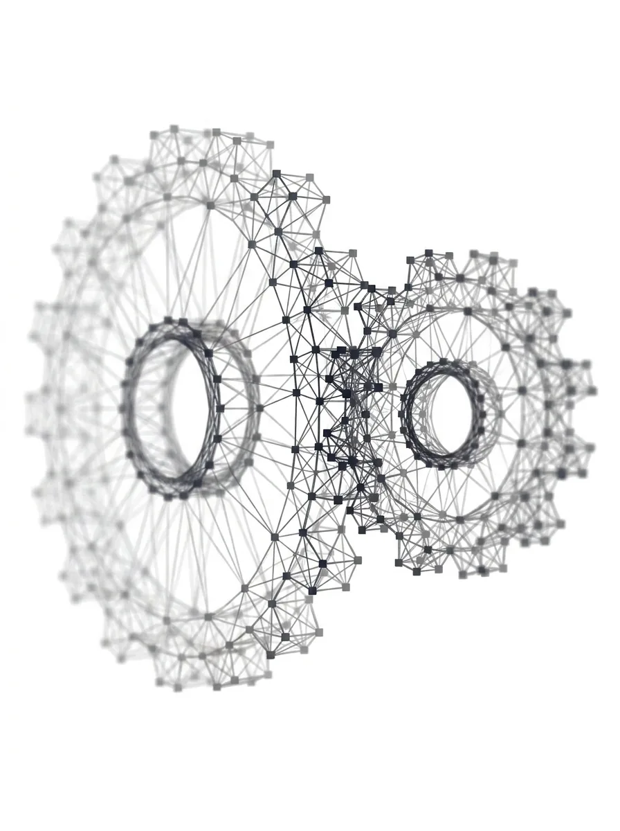 Zwei ineinandergreifende Zahnräder mit Ringnaben – Polygon-Netz-Grafik auf Weiß