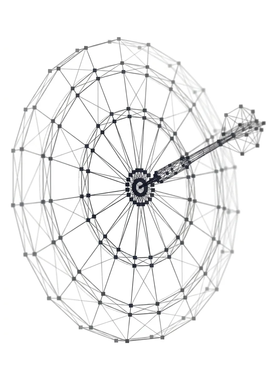 Dartscheibe mit vier Ringen und Pfeil im Bullseye – Polygon-Netz-Grafik auf Weiß