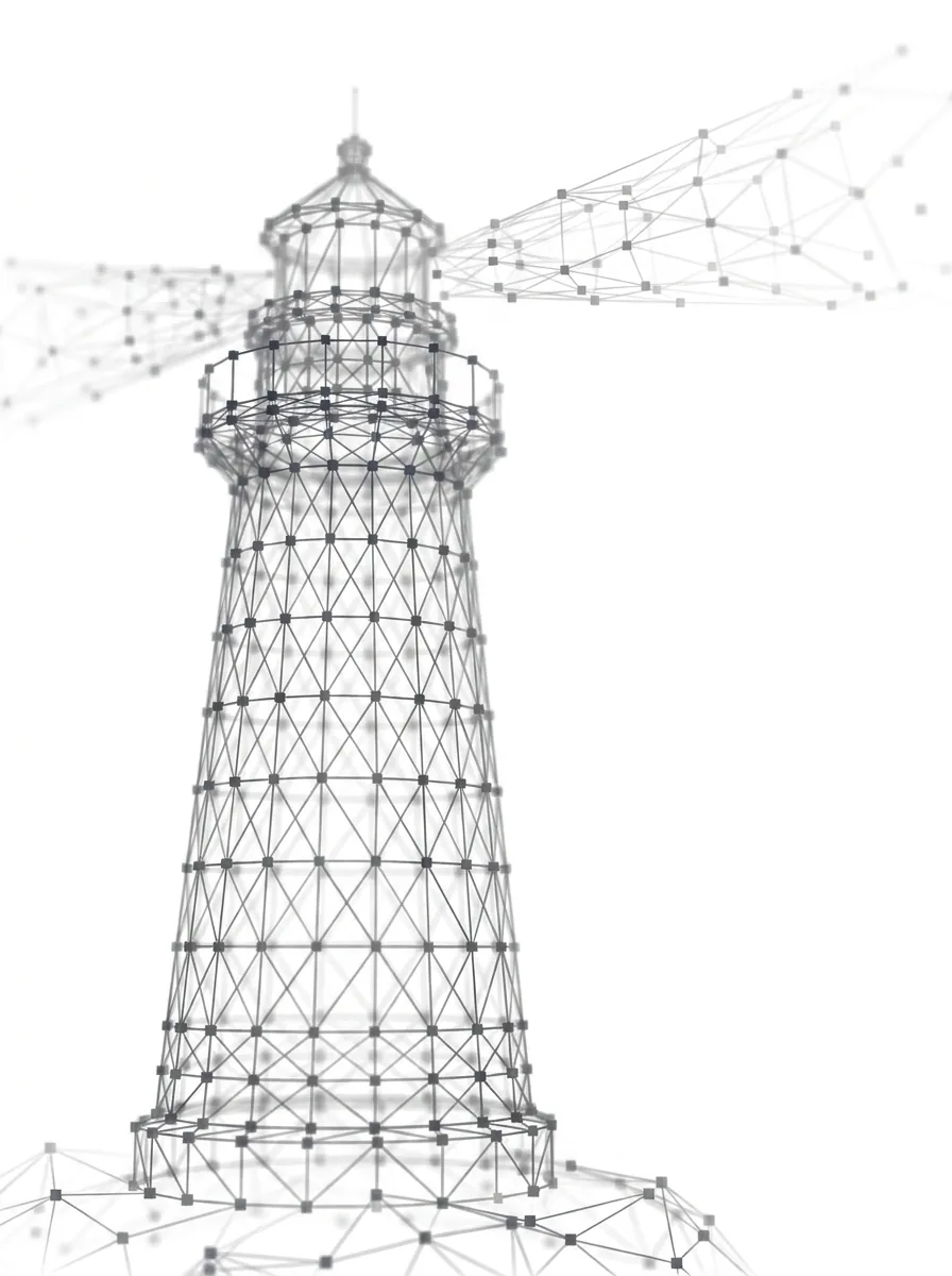 Leuchtturm mit Galerie und zwei Lichtstrahlen – Polygon-Netz-Grafik auf Weiß