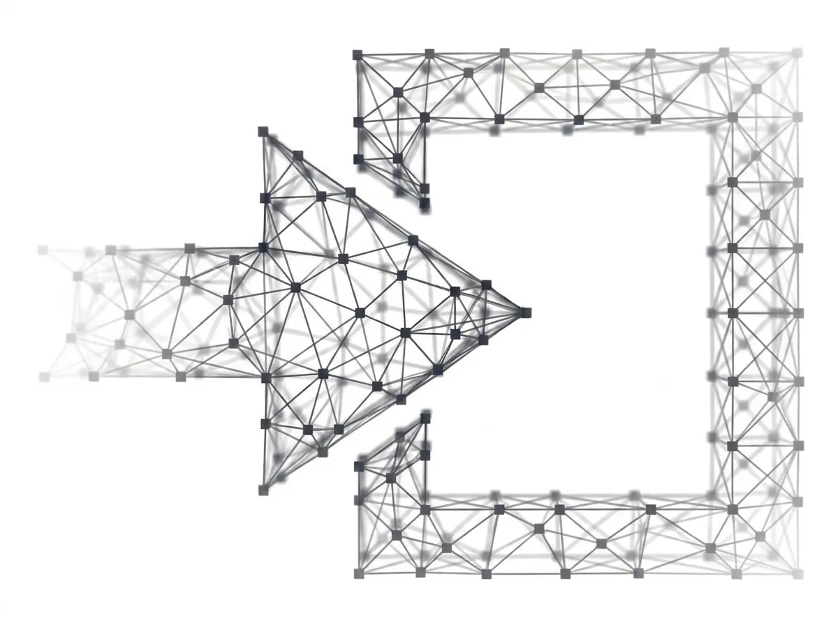 Pfeil trifft auf ein großes Quadrat aus Polygon-Netz – Grafik auf weißem Grund