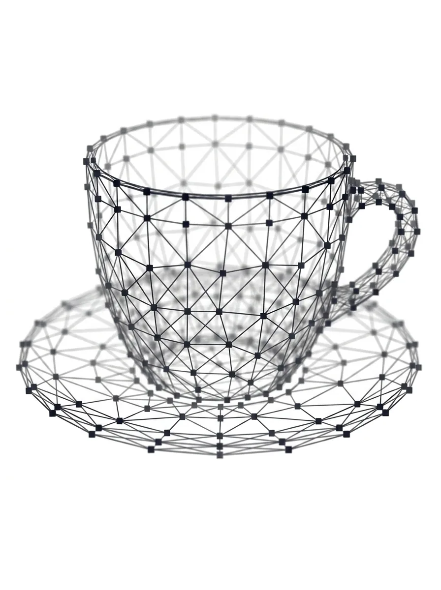 Espressotasse mit Henkel auf Untertasse – Polygon-Netz-Grafik auf Weiß