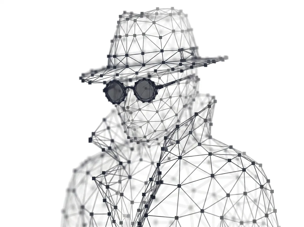 Spion mit Hut, Sonnenbrille und hochgestelltem Kragen – Polygon-Netz-Grafik