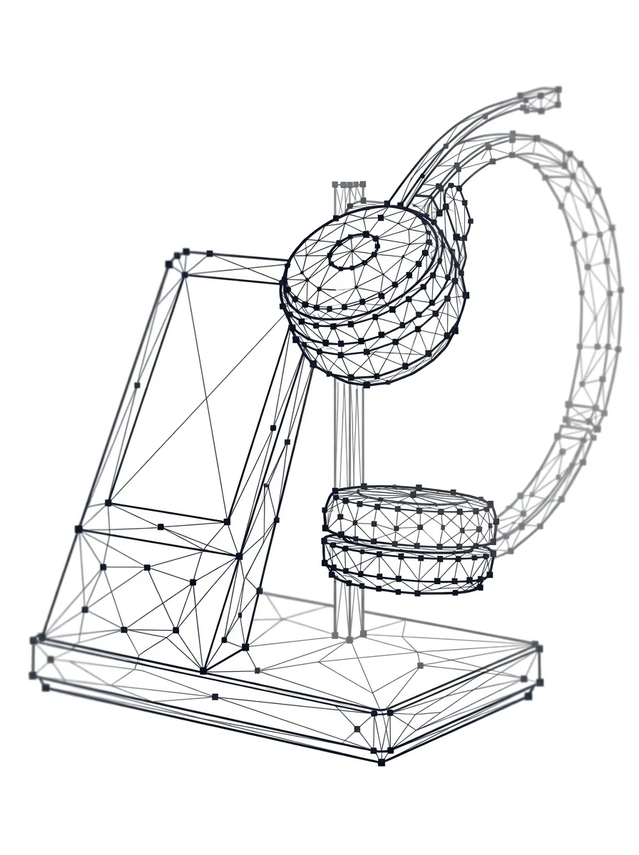 Headset-Stand mit Display, Headset am Haken – Polygon-Netz-Grafik auf weißem Grund