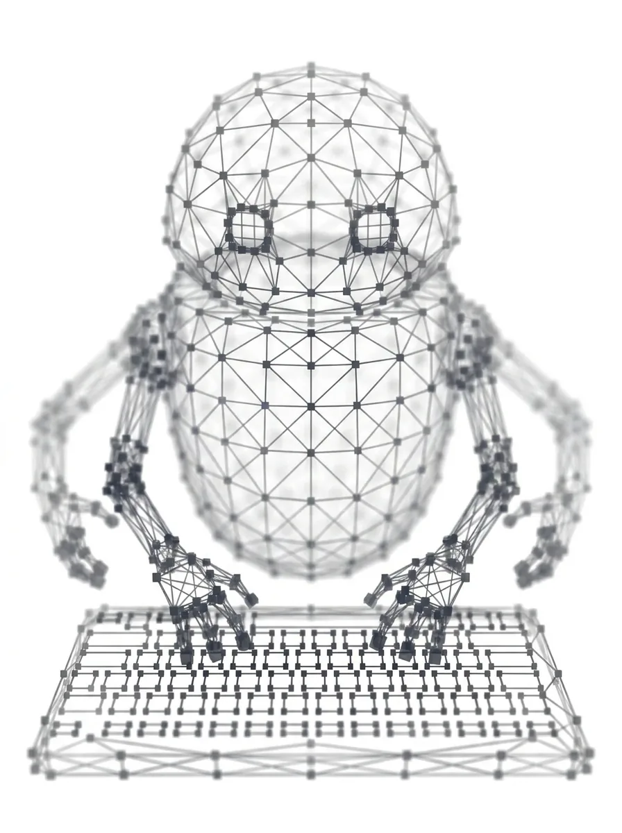 Kleiner Roboter mit vier Armen tippt auf einer Tastatur – Polygon-Netz-Grafik auf weißem Grund